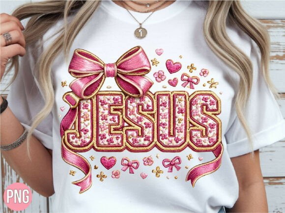 Jesus Embroidery Pink Flower Bow PNG T-Shirt Designs